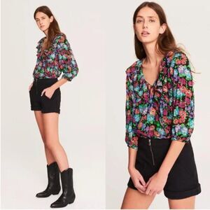 BA&SH Polly Top Floral Metallic 3/4 Sleeve Ruffle Blouse V Neck Womens Small NWT